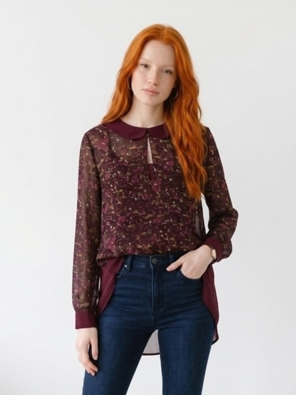 W118 by Walter Baker Plum Floral Sheer Blouse Peter Pan Collar Misses Size Med